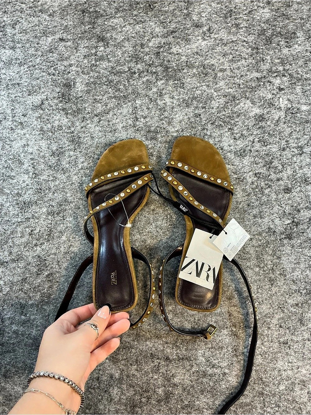 Zara Studded Split Suede Sandals Kitten Heels in Brown Size EU 37